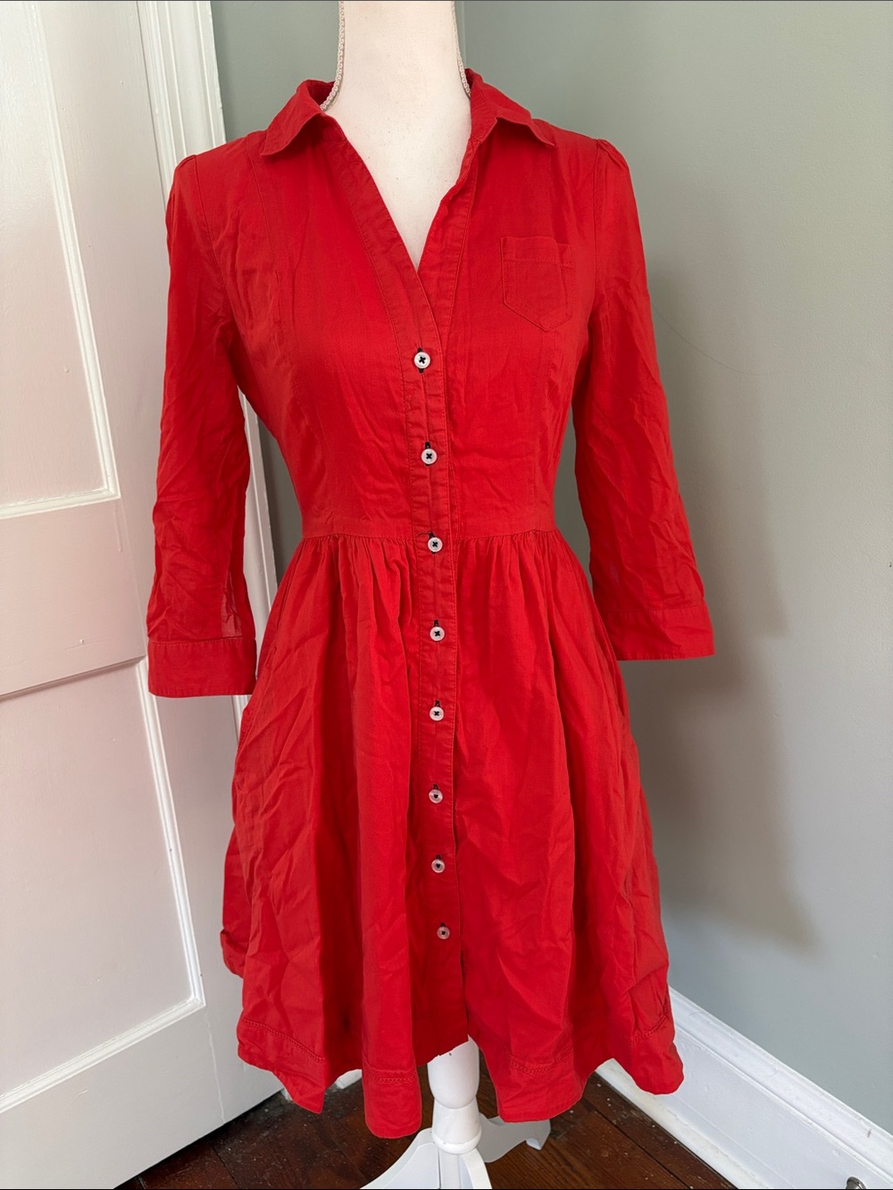 Moulinette Soeurs Vibrant Red Button-Front Midi Shirt Dress Tab Sleeves Size 2